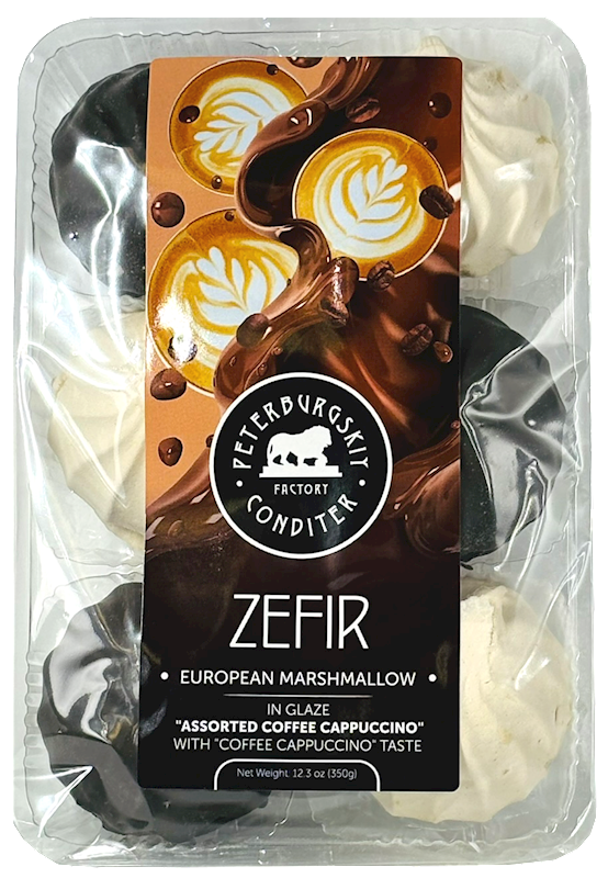 PETERBURGSKIY CONDITER FACTORY ZEFIR ''ASSORTED COFFEE CAPPUCCINO'' CHOCOLATE GLAZED, Z94, RUSSIA, 12*350G